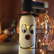 Load image into Gallery viewer, Frosty The Wine-man| Upcycled Wine Bottle come with a battery operated lighted cork| Wine Lover| Wine Decor|Up Cycled Gift| Wine Lover Gift
