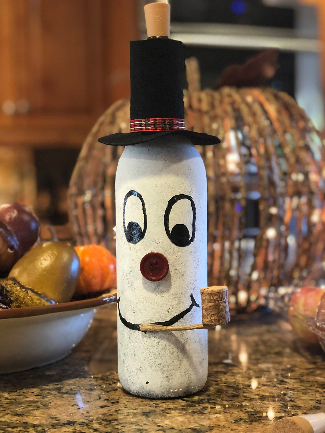 Frosty The Wine-man| Upcycled Wine Bottle come with a battery operated lighted cork| Wine Lover| Wine Decor|Up Cycled Gift| Wine Lover Gift