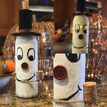 Load image into Gallery viewer, Frosty The Wine-man| Upcycled Wine Bottle come with a battery operated lighted cork| Wine Lover| Wine Decor|Up Cycled Gift| Wine Lover Gift
