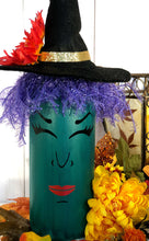 Load image into Gallery viewer, Elphaba the Witch Lighted Wine Bottle| Made with Up cycled Wine Bottles| Halloween Home Decor| w/Battery Opt. wine cork| Gift for wine lover
