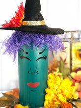 Load image into Gallery viewer, Elphaba the Witch Lighted Wine Bottle| Made with Up cycled Wine Bottles| Halloween Home Decor| w/Battery Opt. wine cork| Gift for wine lover

