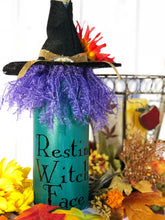 Load image into Gallery viewer, Elphaba the Witch Lighted Wine Bottle| Made with Up cycled Wine Bottles| Halloween Home Decor| w/Battery Opt. wine cork| Gift for wine lover
