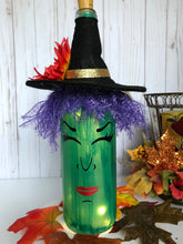 Load image into Gallery viewer, Elphaba the Witch Lighted Wine Bottle| Made with Up cycled Wine Bottles| Halloween Home Decor| w/Battery Opt. wine cork| Gift for wine lover
