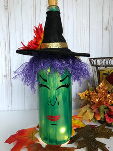 Elphaba the Witch Lighted Wine Bottle| Made with Up cycled Wine Bottles| Halloween Home Decor| w/Battery Opt. wine cork| Gift for wine lover