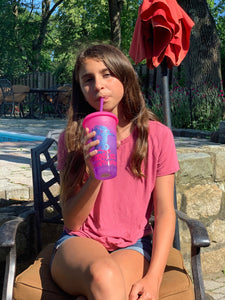 12 OZ. Color Changing Tumbler Sparkle Everywhere Unicorn has pink wording and Sparkle lavender unicorn, Cup changes from Pink to Purple