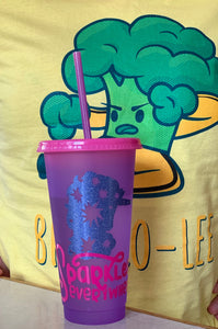 12 OZ. Color Changing Tumbler Sparkle Everywhere Unicorn has pink wording and Sparkle lavender unicorn, Cup changes from Pink to Purple
