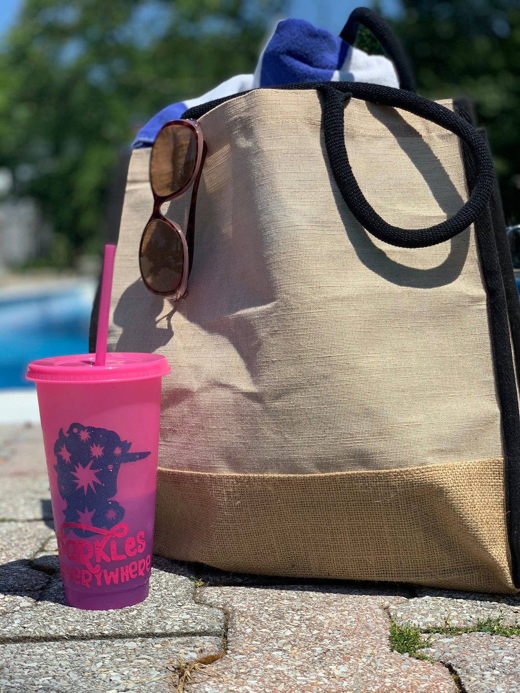 12 OZ. Color Changing Tumbler Sparkle Everywhere Unicorn has pink wording and Sparkle lavender unicorn, Cup changes from Pink to Purple