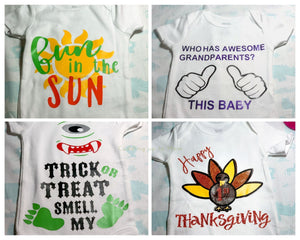 Onesies for For All Season Holiday Onesies, 13 onesies 1 for each Holiday in the Year, Sizes varies from NB till 12 Months.